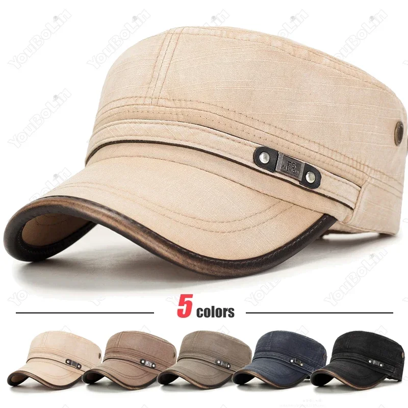 Dad Hat Cotton - قبعة مسطحة مزينة بالجلد المغسول والبهت،